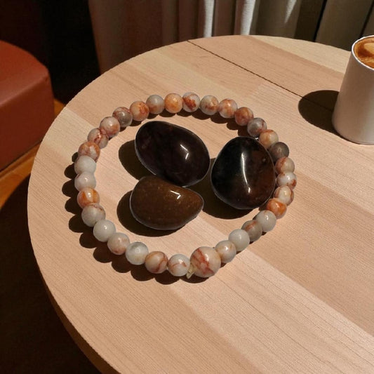 6mm Howlite Bracelet with 3 Fancy Jasper Tumbled Stones – Calming Energy, Balance & Stress Relief