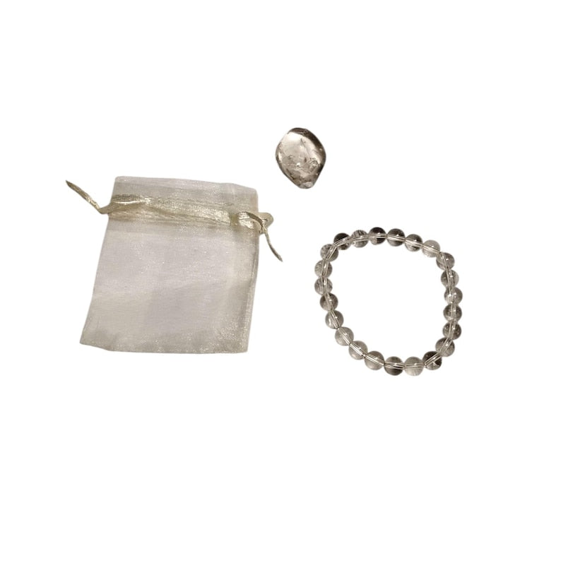 Clear Quartz Crystal Healing Bracelet & Tumbled Stone Set  Energy Amplifier + Clarity Boost
