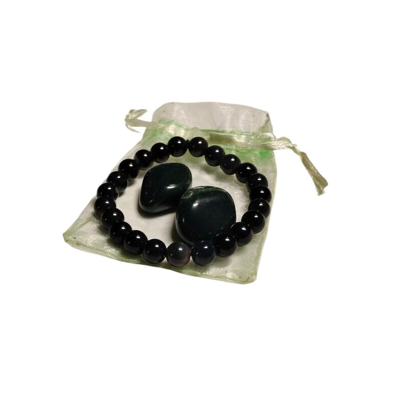 Agate 8mm Bracelet with 2 Bloodstone Tumbled Crystals – Strength, Vitality & Grounding Set
