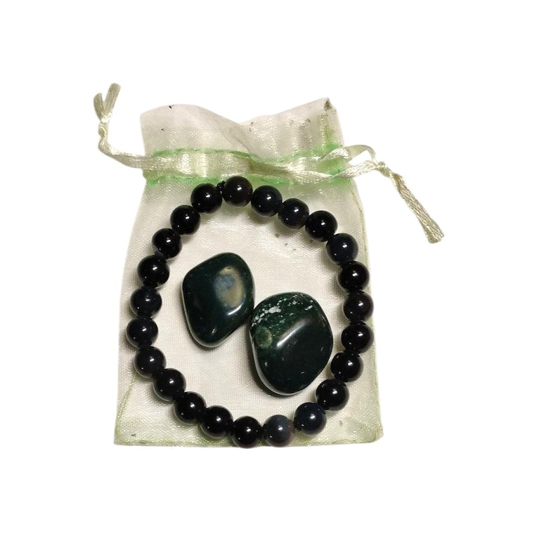 Agate 8mm Bracelet with 2 Bloodstone Tumbled Crystals – Strength, Vitality & Grounding Set