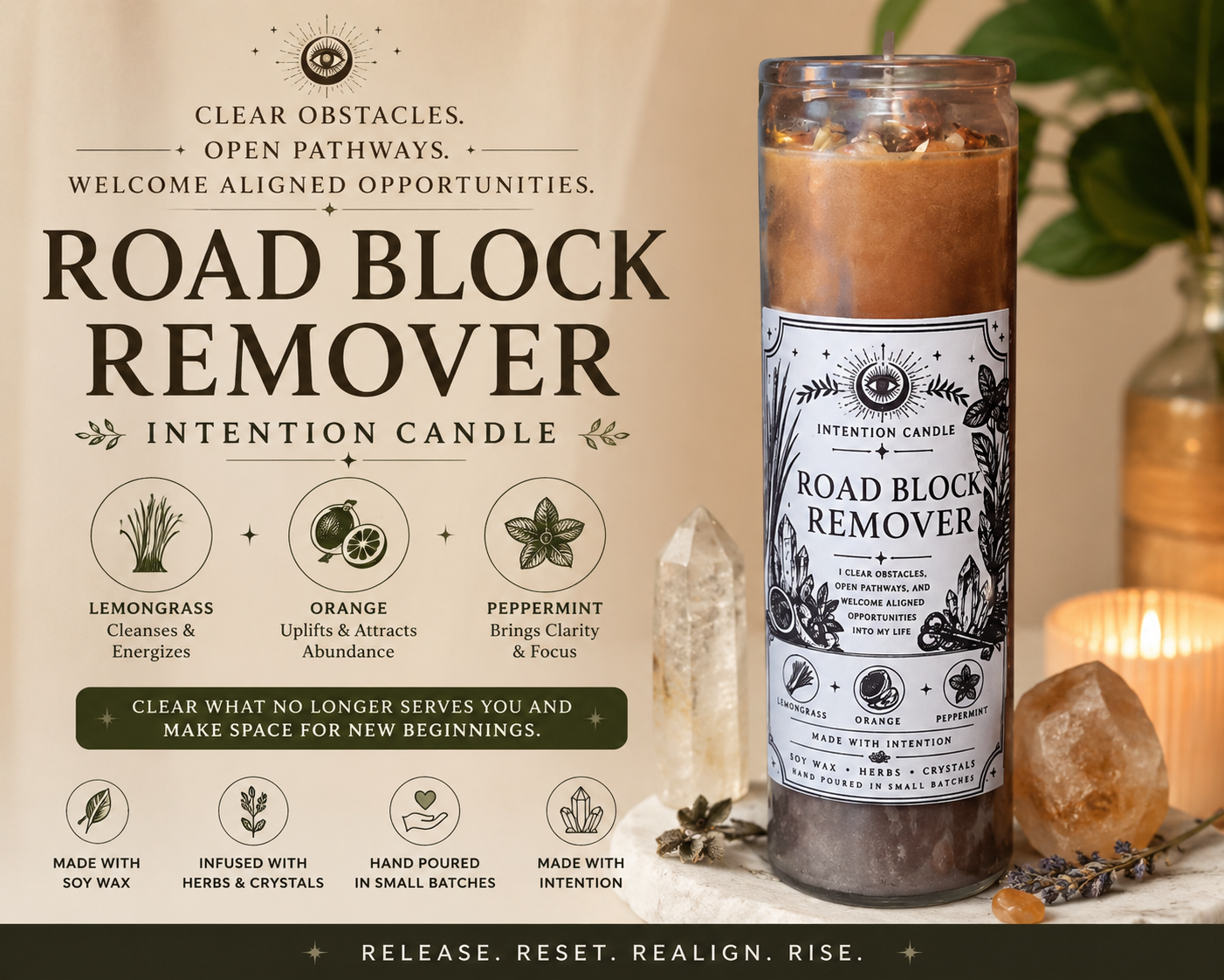 Road Block Remover Intention Candle | Spiritual Cleansing & Opportunity Ritual Candle | Lemongrass, Orange & Peppermint Soy Wax Candle