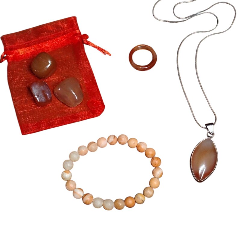 Carnelian Crystal Healing Set – Pendant Necklace, Bracelet, Ring & Tumbled Stones with Gift Bag
