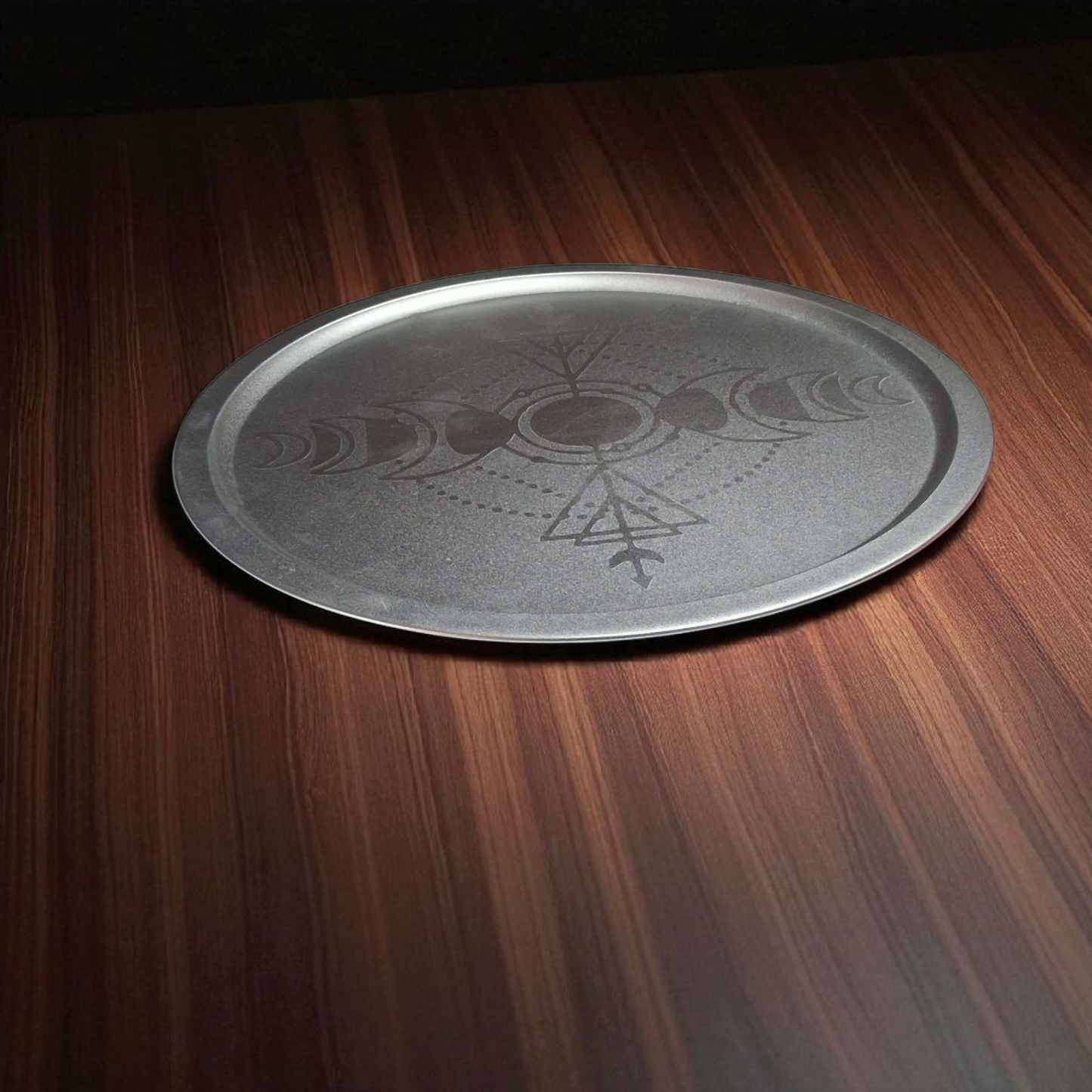 Engraved Silver Tray – 12" Round Decorative Moon Phase & Geometric Altar Plate