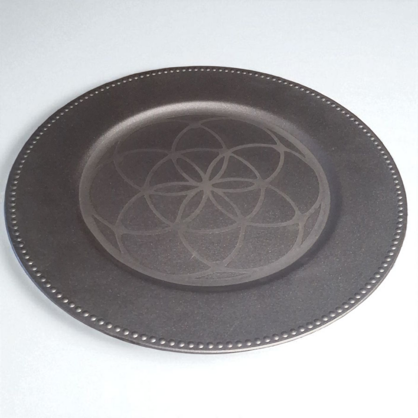 Engraved Silver Plate – 12" Decorative Tray with Flower of Life Sacred Geometry Design