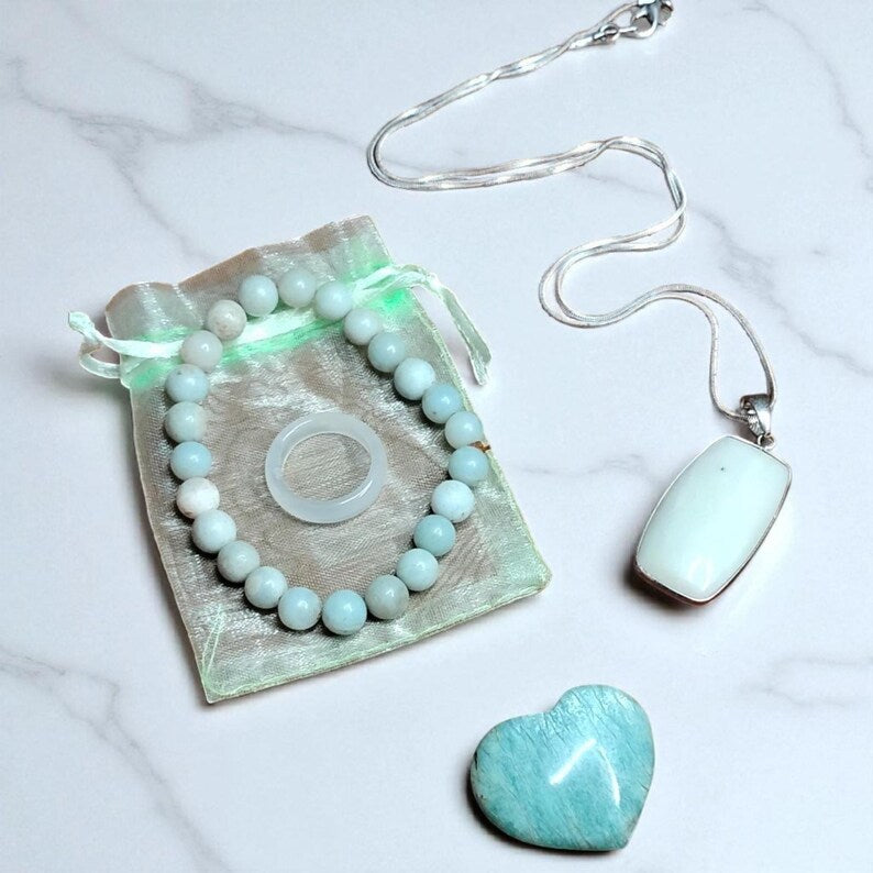 Amazonite Crystal Jewelry Healing Set Pendant Necklace, Bracelet, Heart Stone & Ring with Gift Bag