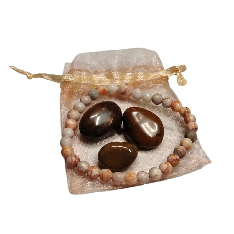 6mm Howlite Bracelet with 3 Fancy Jasper Tumbled Stones – Calming Energy, Balance & Stress Relief