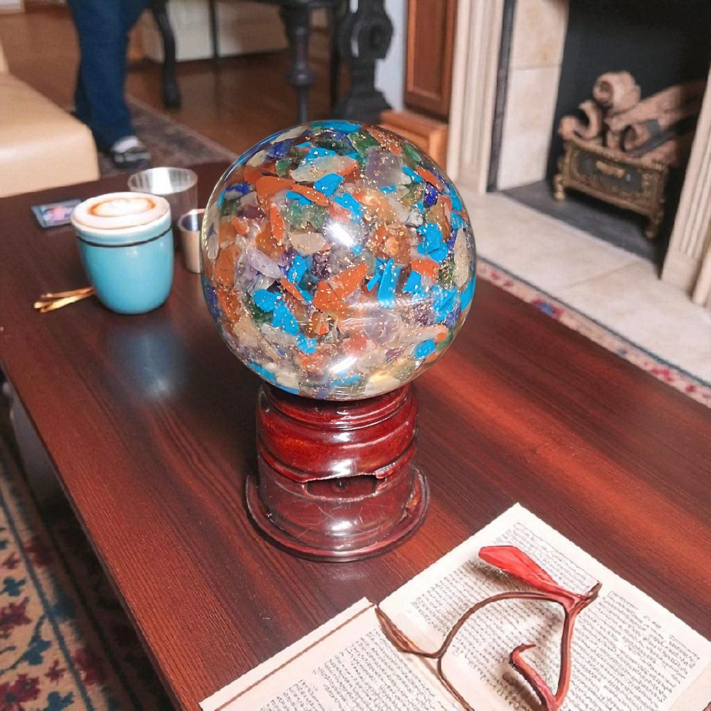 Orgone Multi-Chakra Healing Sphere – 70mm Crystal Ball with Copper Coil & Wooden Stand