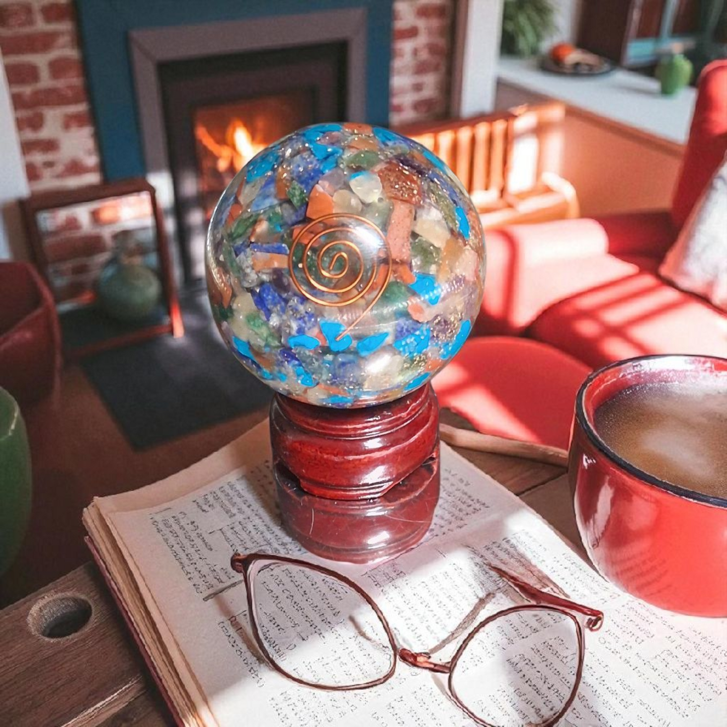 Orgone Multi-Chakra Healing Sphere – 70mm Crystal Ball with Copper Coil & Wooden Stand