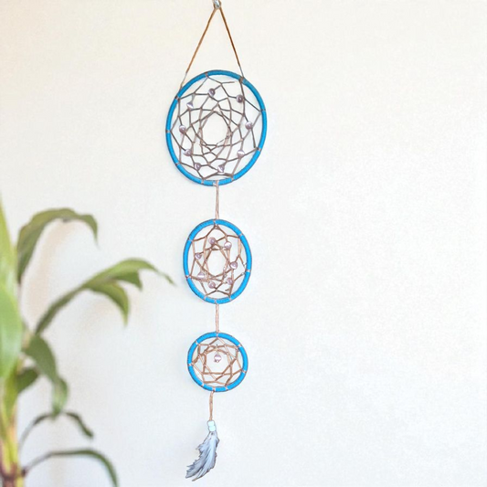 Triple Dream Catcher Wall Hanging – 18x5 Blue/Tan Boho Feather Decor for Peaceful Energy & Protection