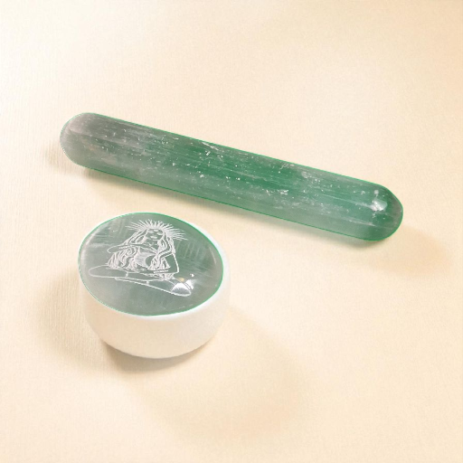 Selenite Wand & Engraved Palm Stone – Crystal Energy Cleansing & Meditation Set