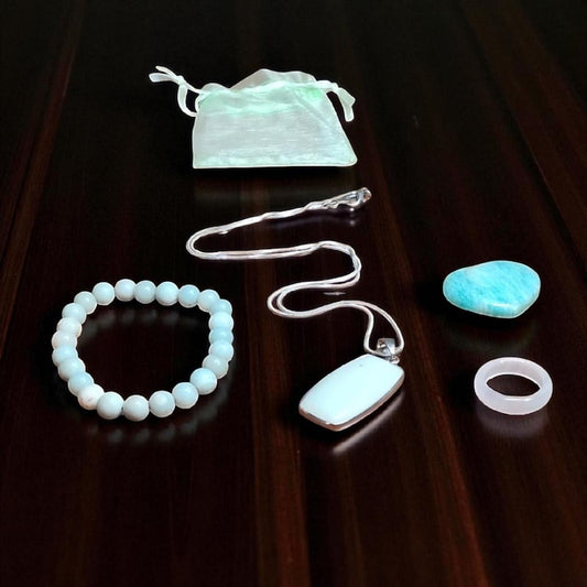 Amazonite Crystal Jewelry Healing Set Pendant Necklace, Bracelet, Heart Stone & Ring with Gift Bag