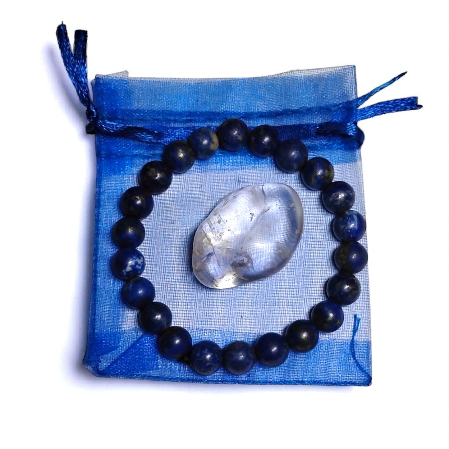 Lapis Lazuli Bead Bracelet with Clear Quartz Tumbled Stone – Healing & Clarity Crystal Set