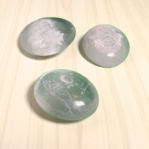 Selenite Engraved Palm Stone – 2" Polished Crystal for Energy Cleansing & Meditation