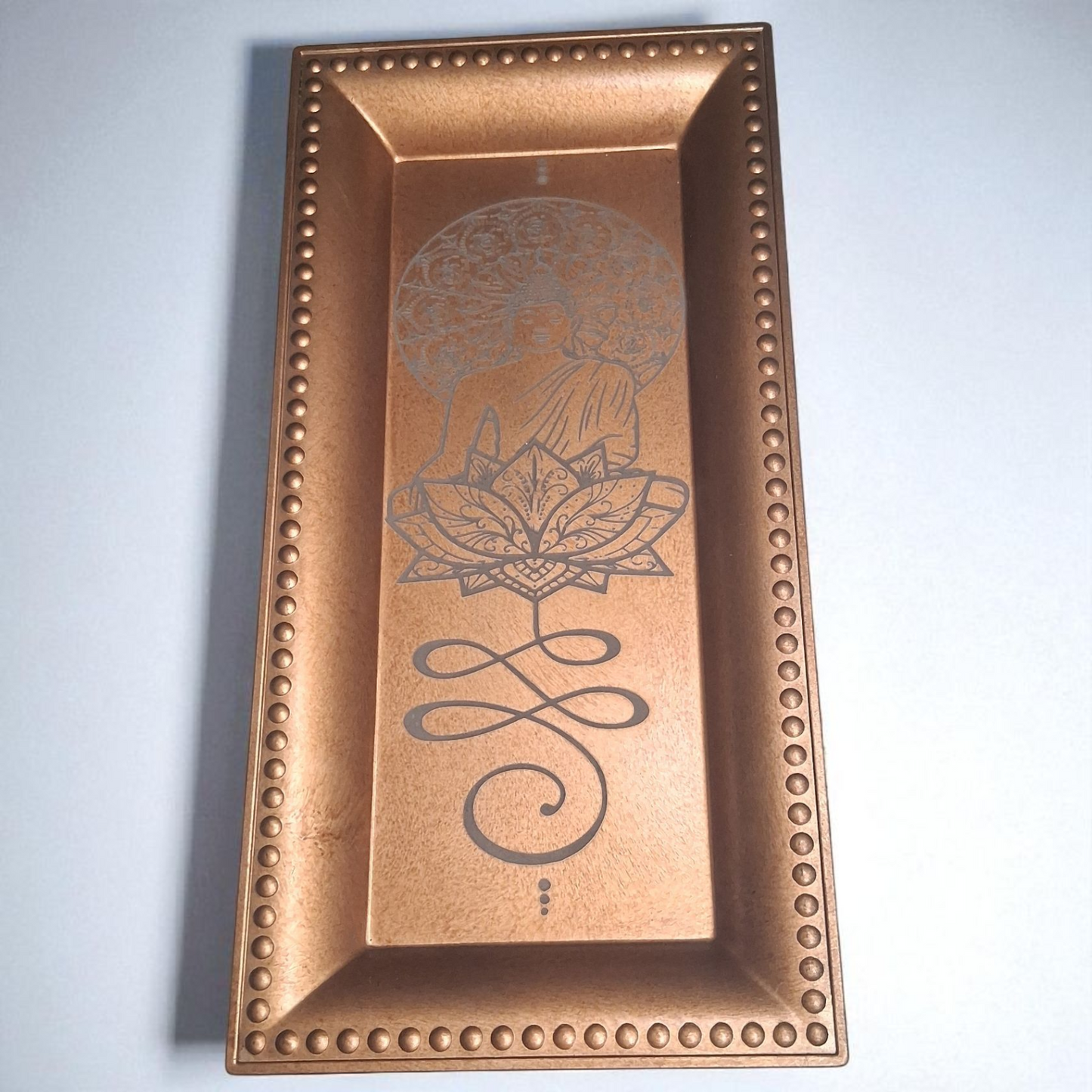 Engraved Buddha Lotus Copper-Tone Tray – 7" x 14" Decorative Spiritual Altar & Home Décor