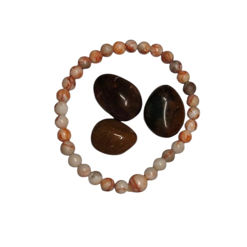 6mm Howlite Bracelet with 3 Fancy Jasper Tumbled Stones – Calming Energy, Balance & Stress Relief