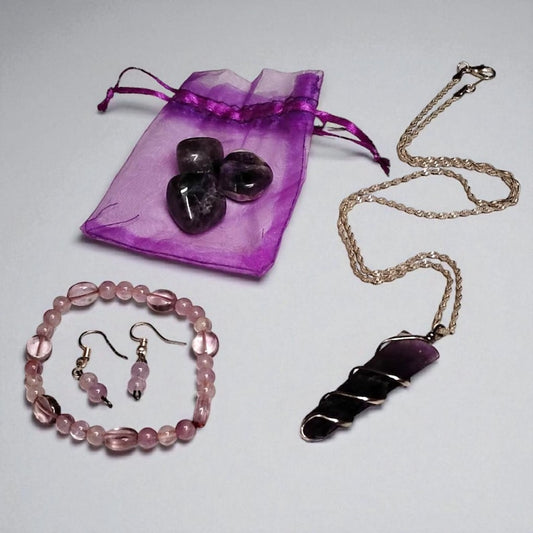 Amethyst Crystal Healing Jewelry Gift Set – Wire Wrapped Pendant, Bracelet, Earrings & Tumbled Stones