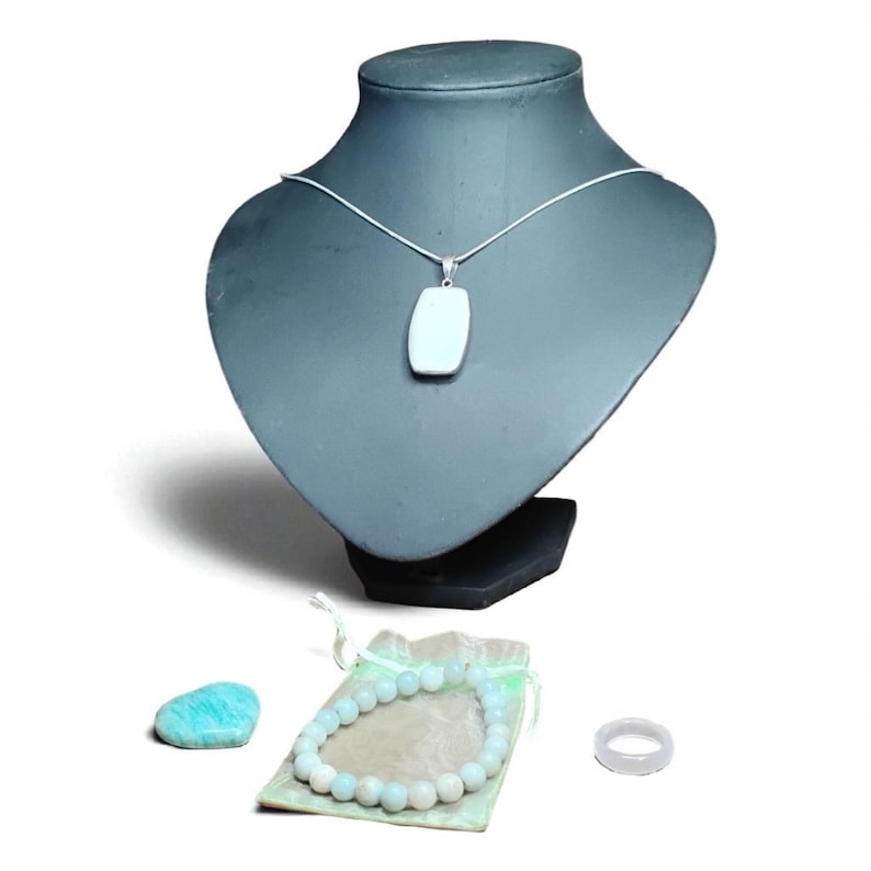 Amazonite Crystal Jewelry Healing Set Pendant Necklace, Bracelet, Heart Stone & Ring with Gift Bag