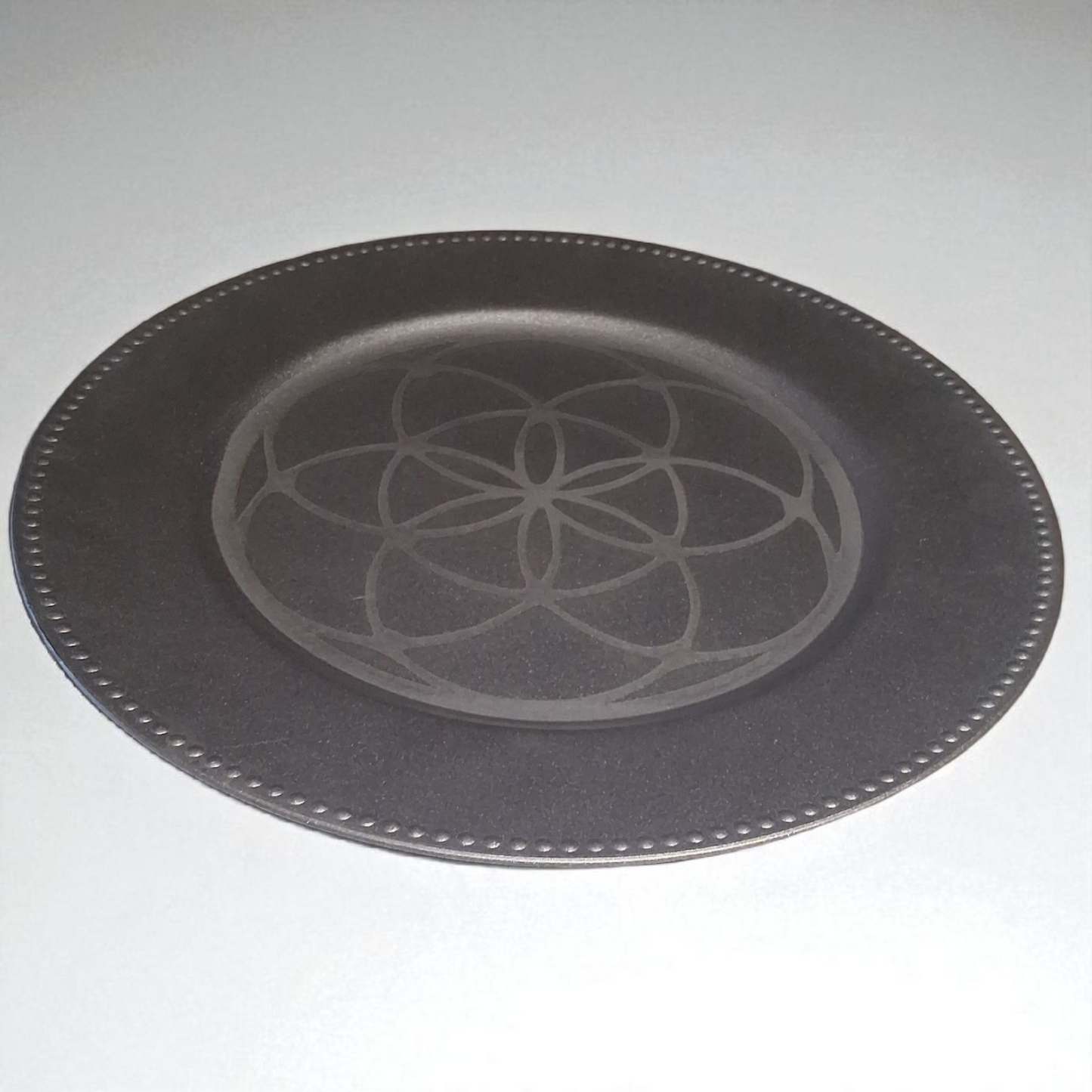 Engraved Silver Plate – 12" Decorative Tray with Flower of Life Sacred Geometry Design