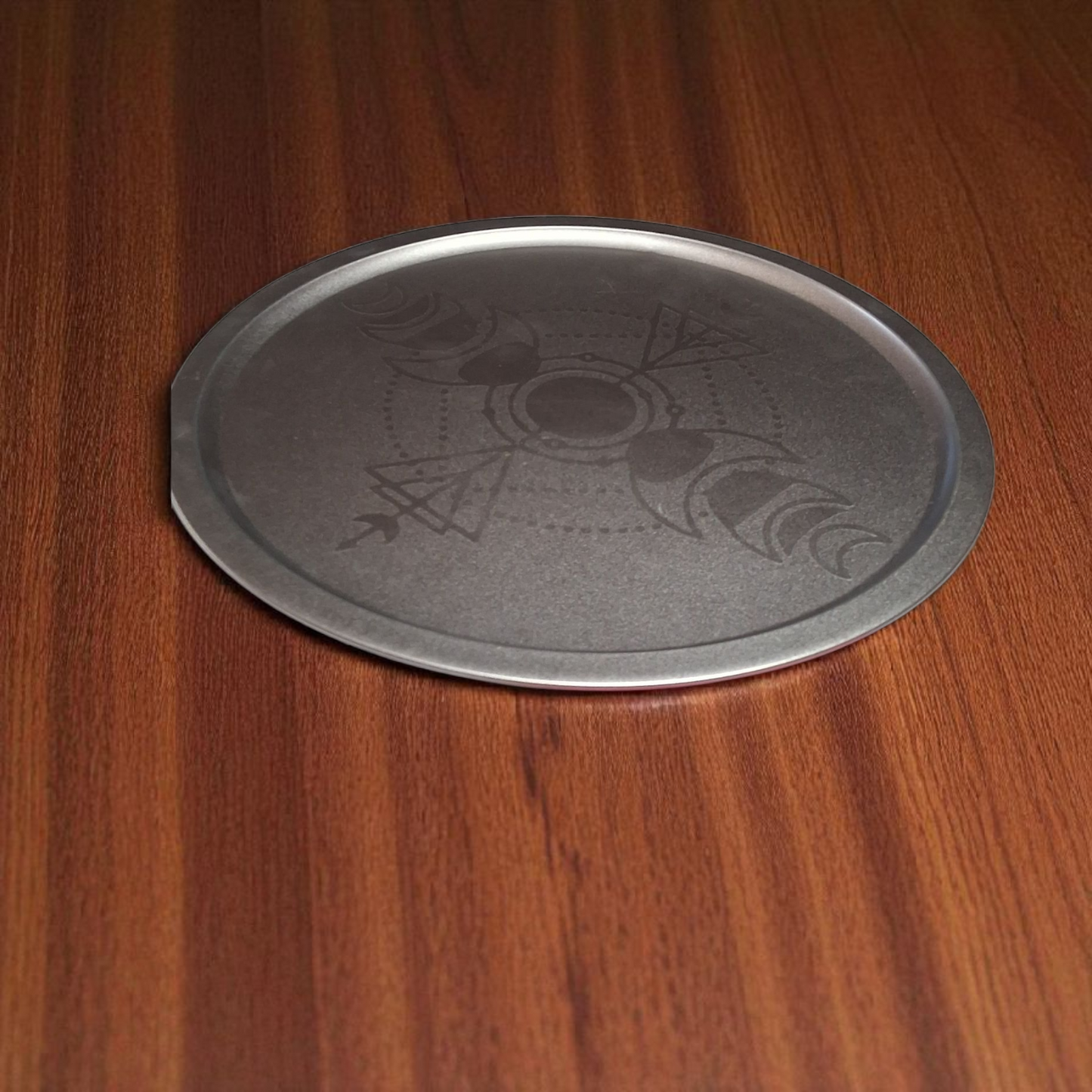 Engraved Silver Tray – 12" Round Decorative Moon Phase & Geometric Altar Plate