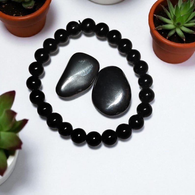 Black Onyx Protection Bracelet with Two Hematite Tumbled Stones – Grounding & Shielding Crystal Set