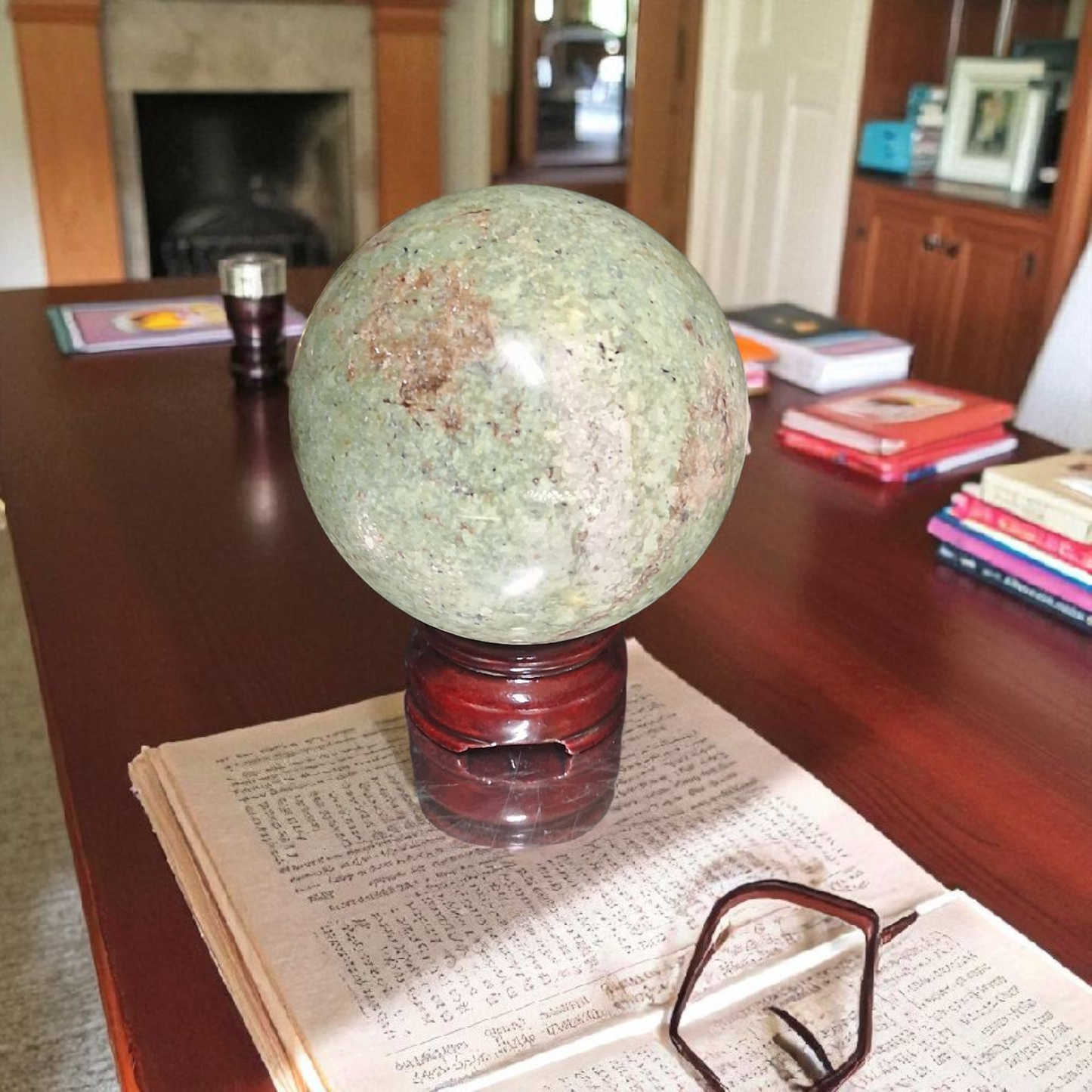 Chrysoprase Crystal Sphere – 80mm Polished Gemstone Ball with Wooden Stand