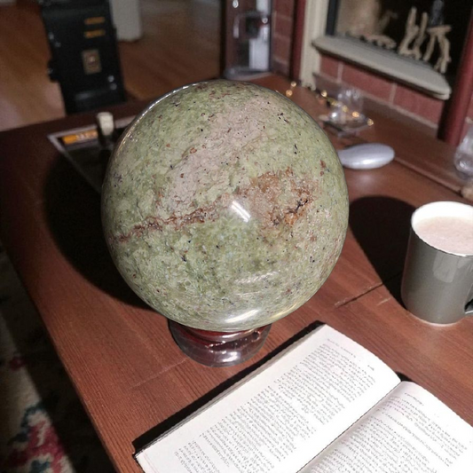 Chrysoprase Crystal Sphere – 80mm Polished Gemstone Ball with Wooden Stand - JoyfulBliss Co.