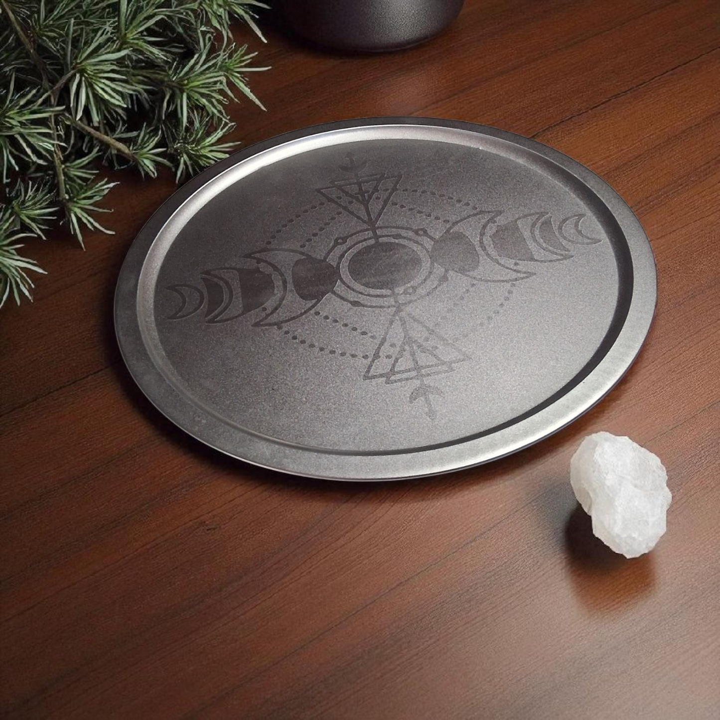 Engraved Silver Tray – 12" Round Decorative Moon Phase & Geometric Altar Plate