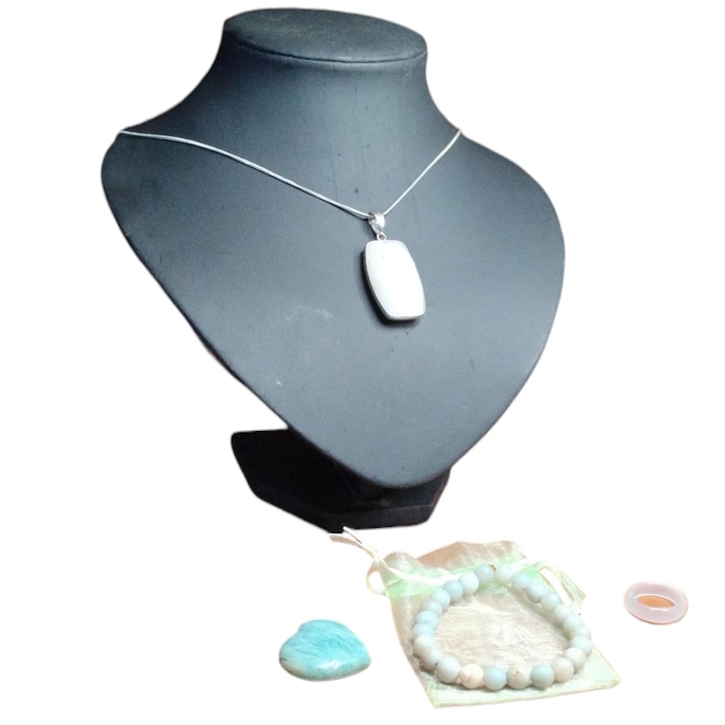 Amazonite Crystal Jewelry Healing Set Pendant Necklace, Bracelet, Heart Stone & Ring with Gift Bag