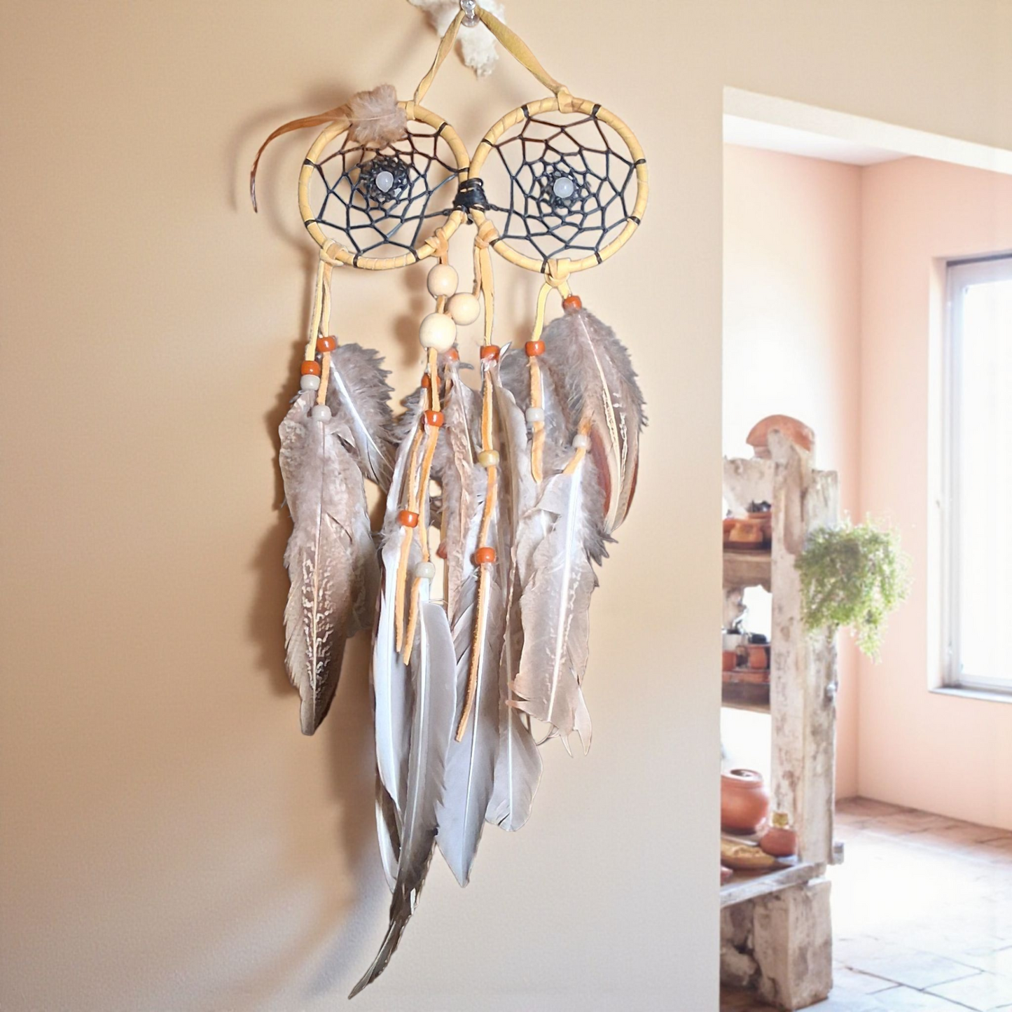 Owl-Themed Double Dream Catcher – 15x6 Handmade Feather Wall Hanging for Protection & Wisdom
