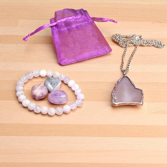 Amethyst Crystal Healing Set with Agate Pendant Necklace, Bracelet & Tumbled Stones