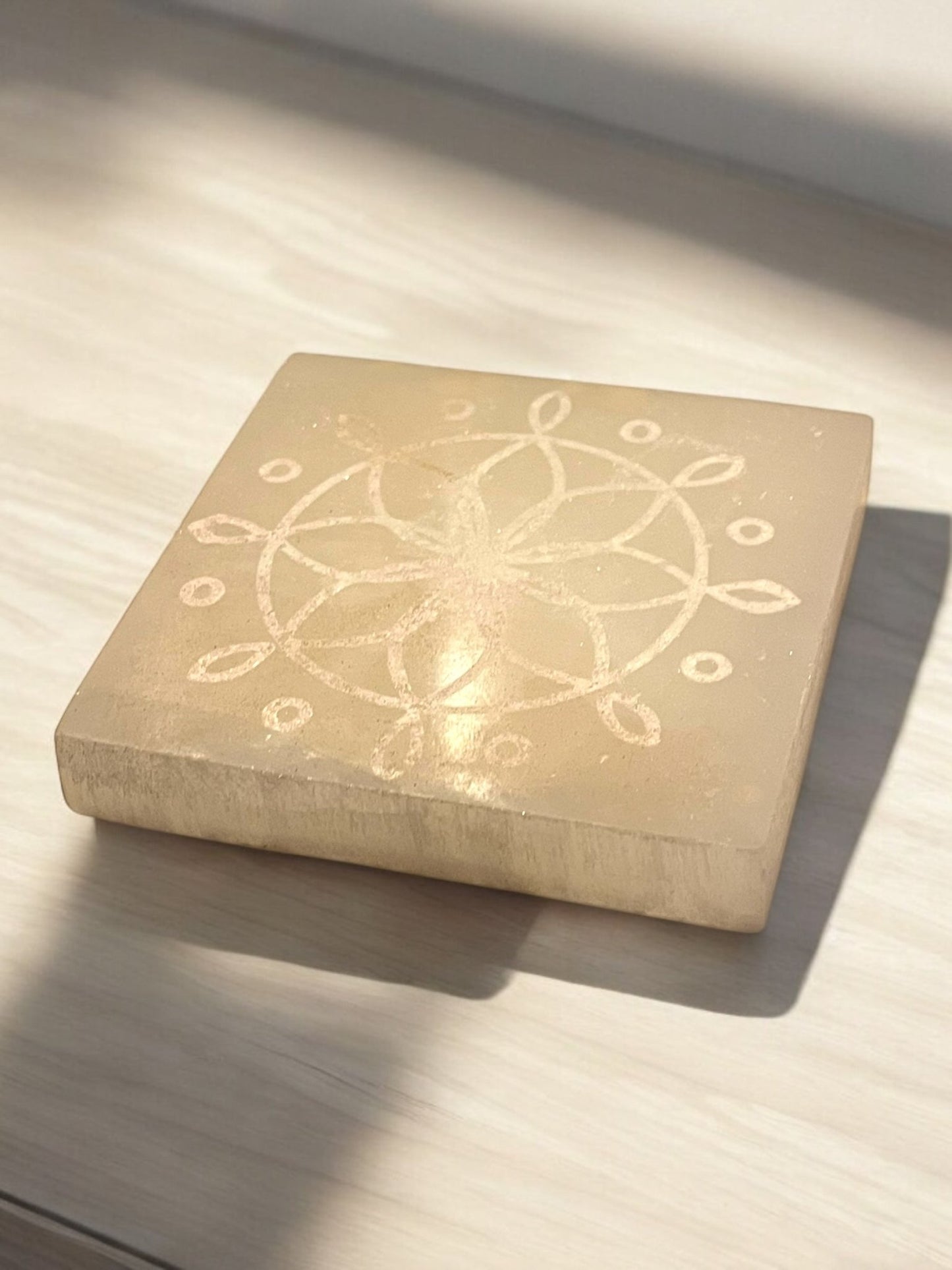 Selenite Crystal Engraved Charging Plate (4” x 4”) – Sacred Energy Cleanser & Amplifier - JoyfulBliss Co.