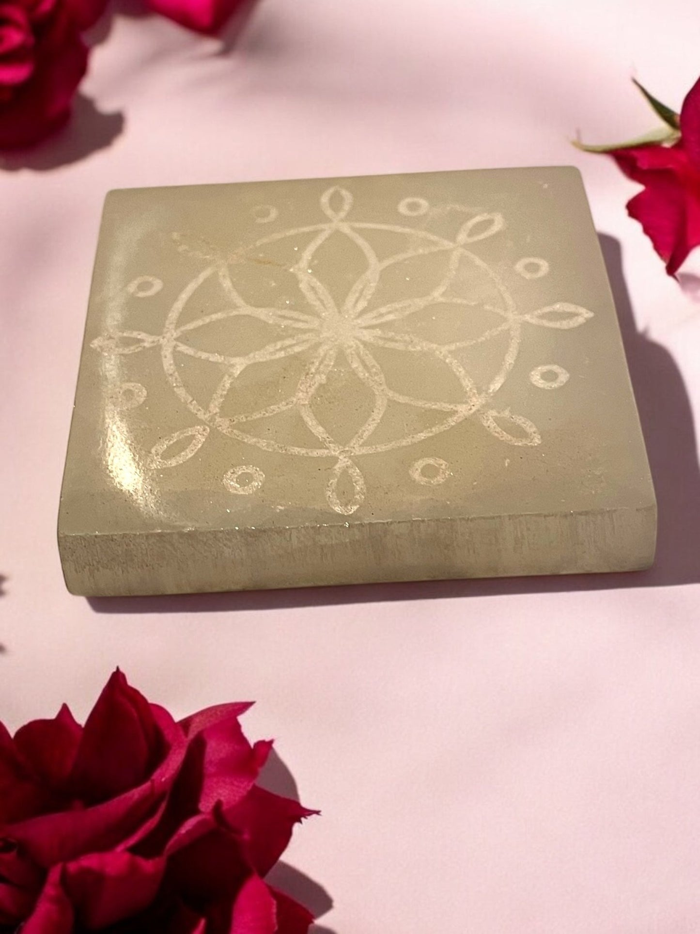Selenite Crystal Engraved Charging Plate (4” x 4”) – Sacred Energy Cleanser & Amplifier - JoyfulBliss Co.