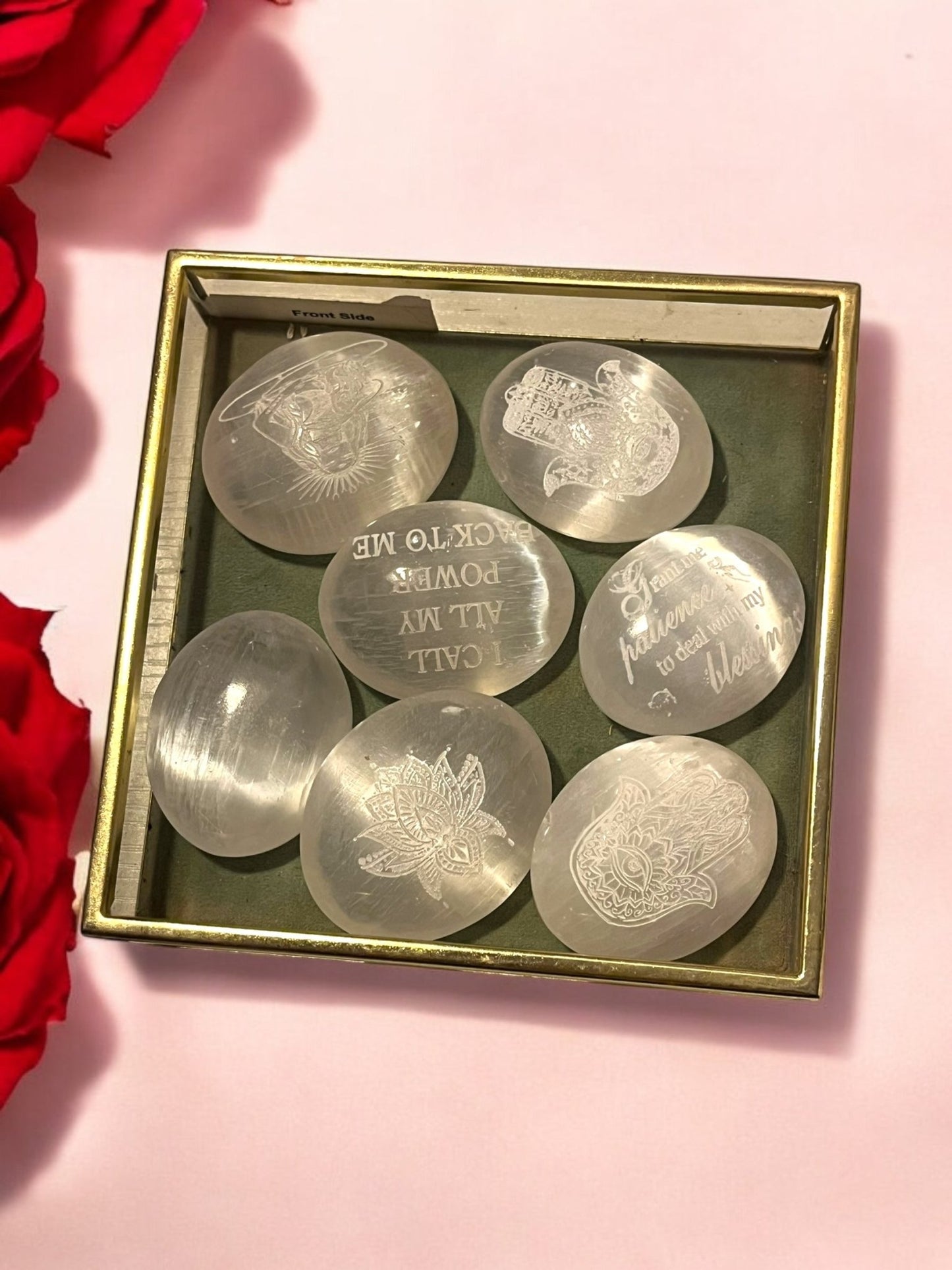 Selenite Palm Stone (2x2”) – Engraved Crystal for Clarity & Energy Amplifying (Random Selection) - JoyfulBliss Co.