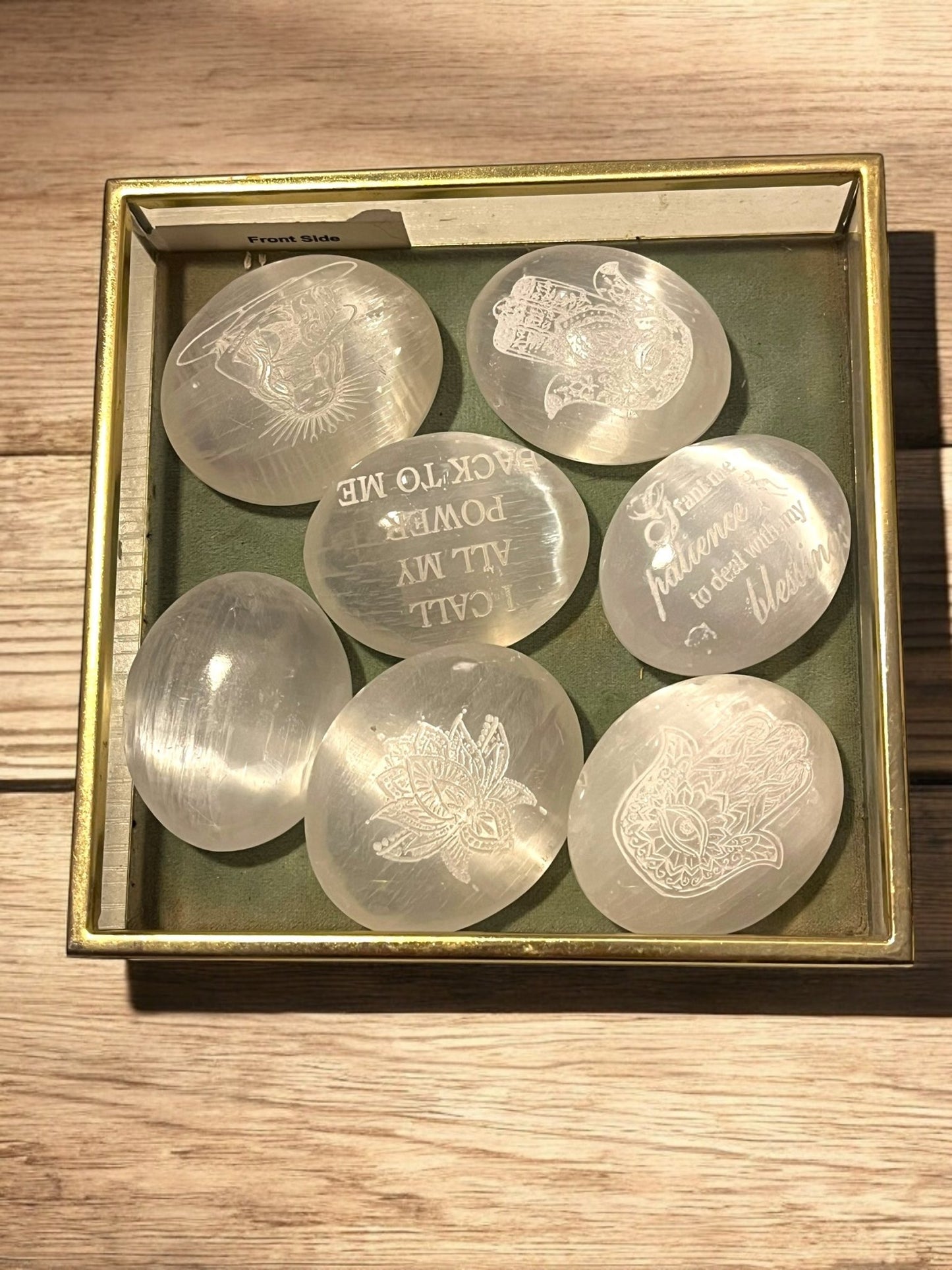 Selenite Palm Stone (2x2”) – Engraved Crystal for Clarity & Energy Amplifying (Random Selection) - JoyfulBliss Co.