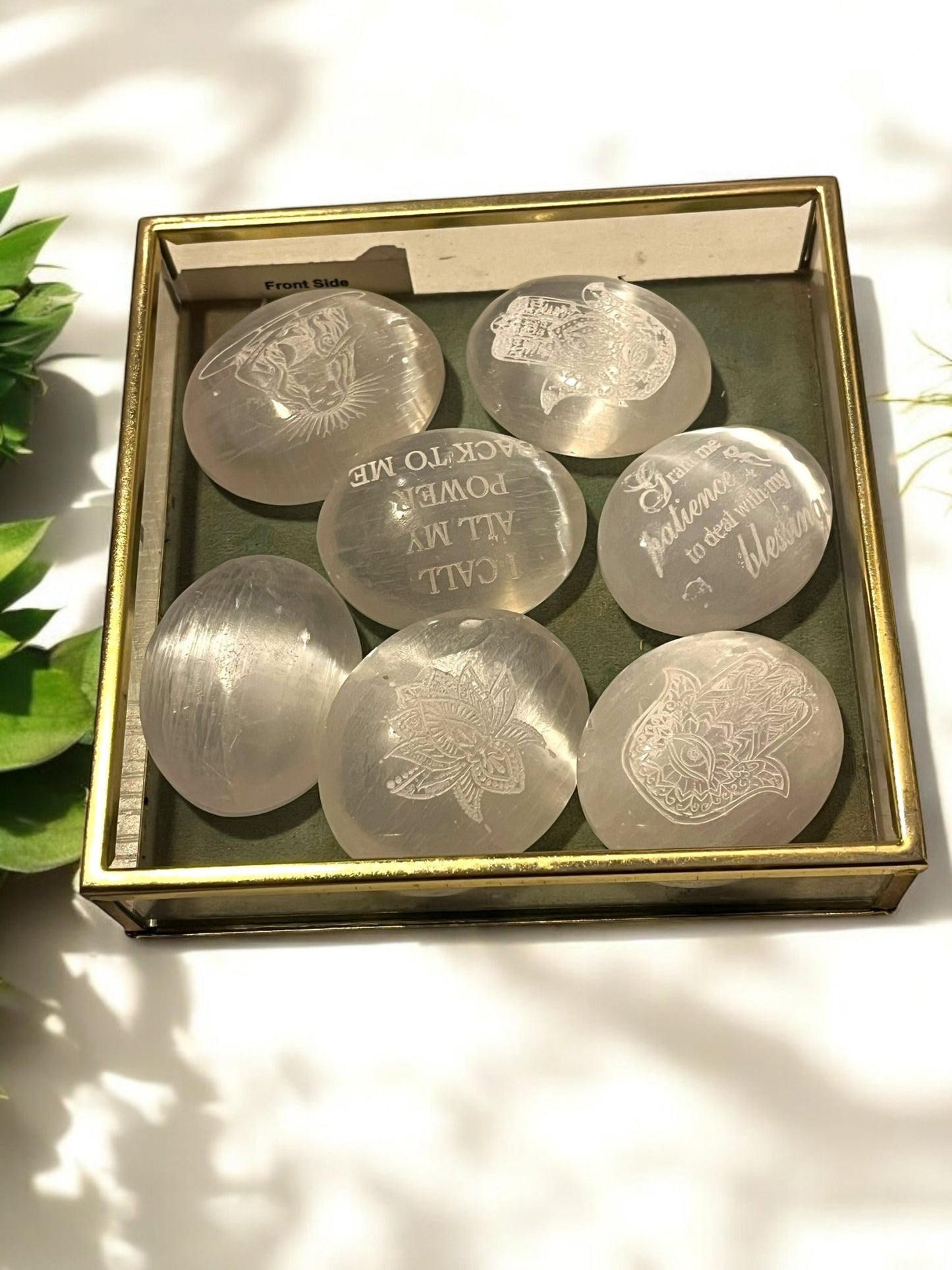 Selenite Palm Stone (2x2”) – Engraved Crystal for Clarity & Energy Amplifying (Random Selection) - JoyfulBliss Co.