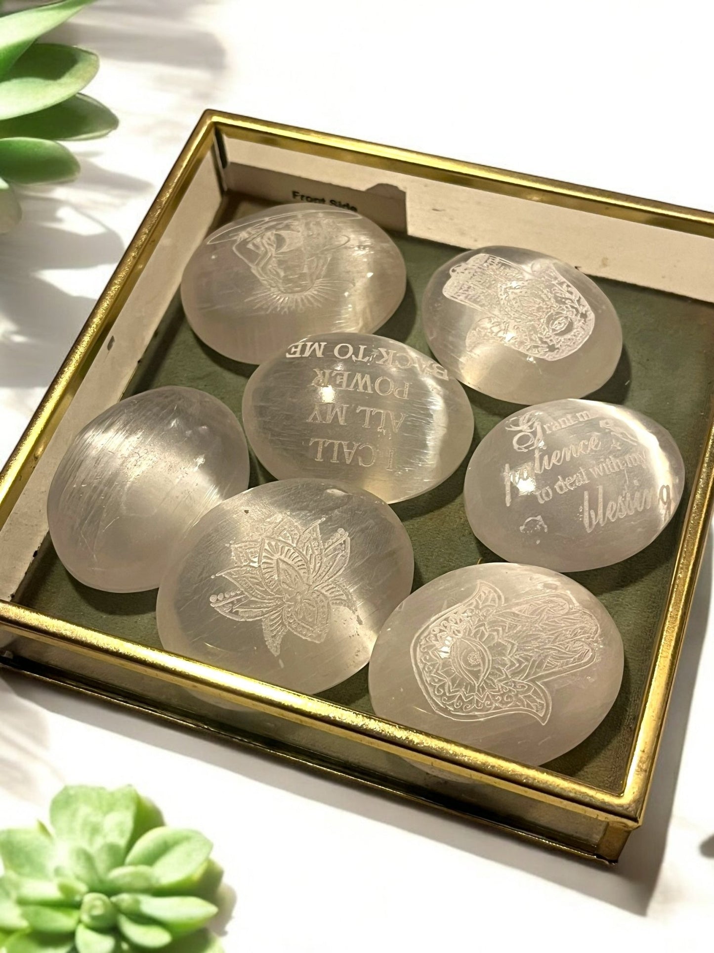 Selenite Palm Stone (2x2”) – Engraved Crystal for Clarity & Energy Amplifying (Random Selection) - JoyfulBliss Co.