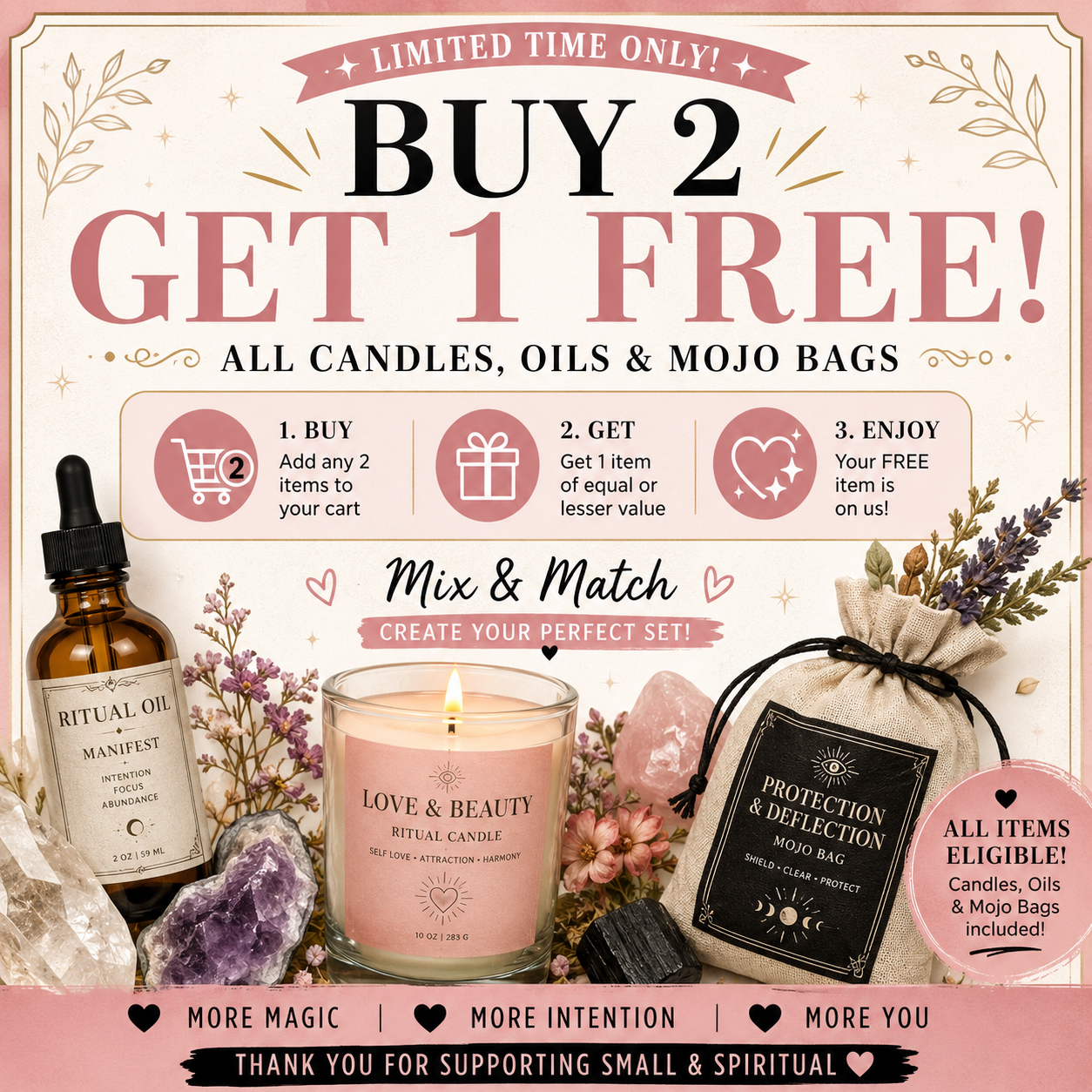 JoyfulBliss buy 2, get 1 free promotion for candles, ritual oils and mojo bags.