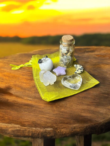 Uplifting + Positivity Mojo Bag, Crystal Charm Set for Joy, Light Energy & Emotional Uplift | Handmade Intention Kit with Herbs + Stones