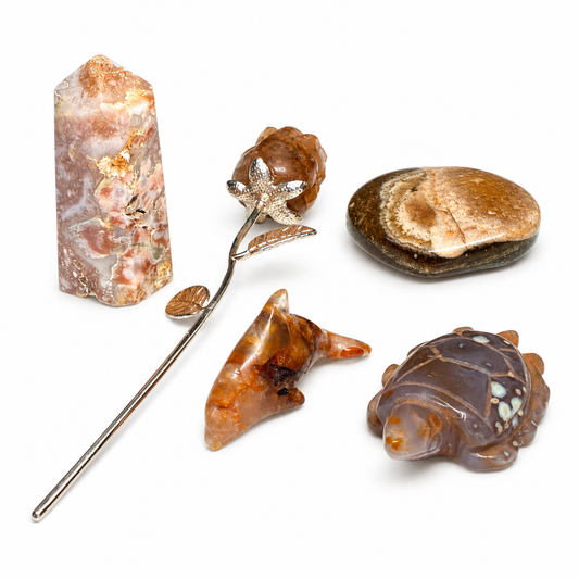 Natural Agate Crystal Collection Gift Set – Agate Tower, Turtle, Dolphin, Palm Stone & Crystal Rose