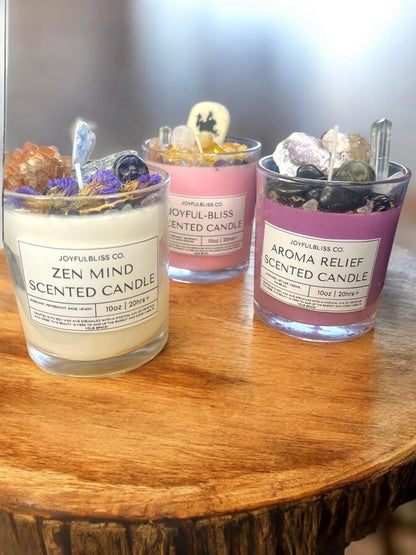 3 Scented Candle Collection Set | Zen Mind, Joyful-Bliss & Aroma Relief Crystal Botanical Candles