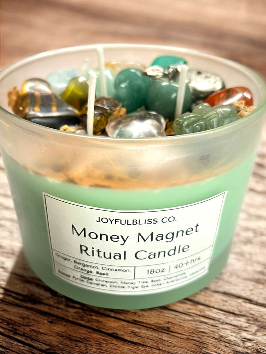 Money Magnet Ritual Candle – Crystal Charged | Attract Wealth, Abundance & Prosperity | 18oz Soy Intention Candle by JoyfulBliss Co.