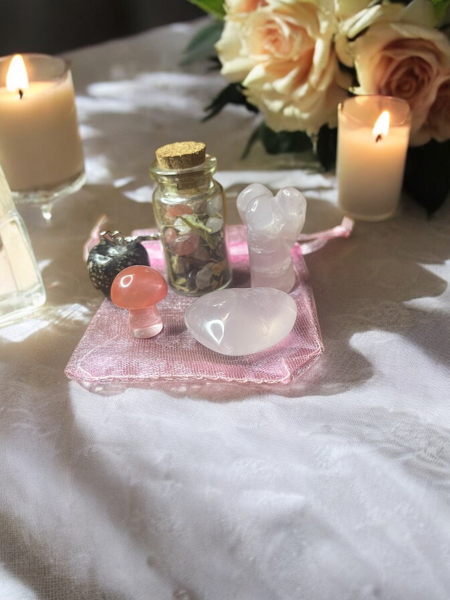 Love & Joy Mojo Bag – Crystal Charm Set for Heart Healing, Self-Love, and Emotional Uplift | Intention-Charged Ritual Kit
