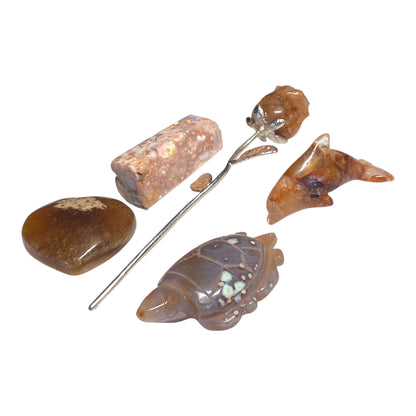 Natural Agate Crystal Collection Gift Set – Agate Tower, Turtle, Dolphin, Palm Stone & Crystal Rose