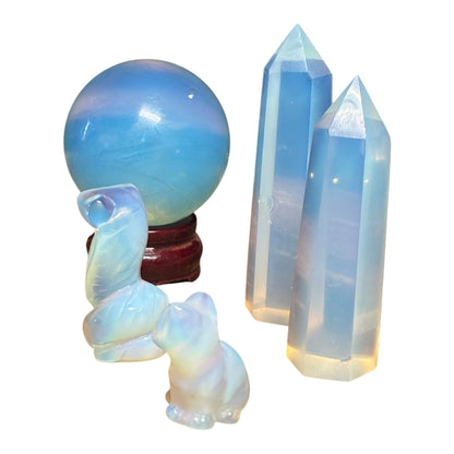 Opalite Crystal Set – Sphere, Double Towers, Snake & Cat Carvings | Meditation, Energy Healing