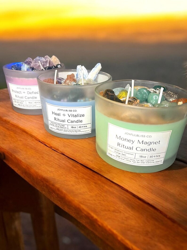 3 Crystal Ritual Candle Set – Money Magnet, Healing & Protection Intention Candles | 18oz Soy Wax Candles