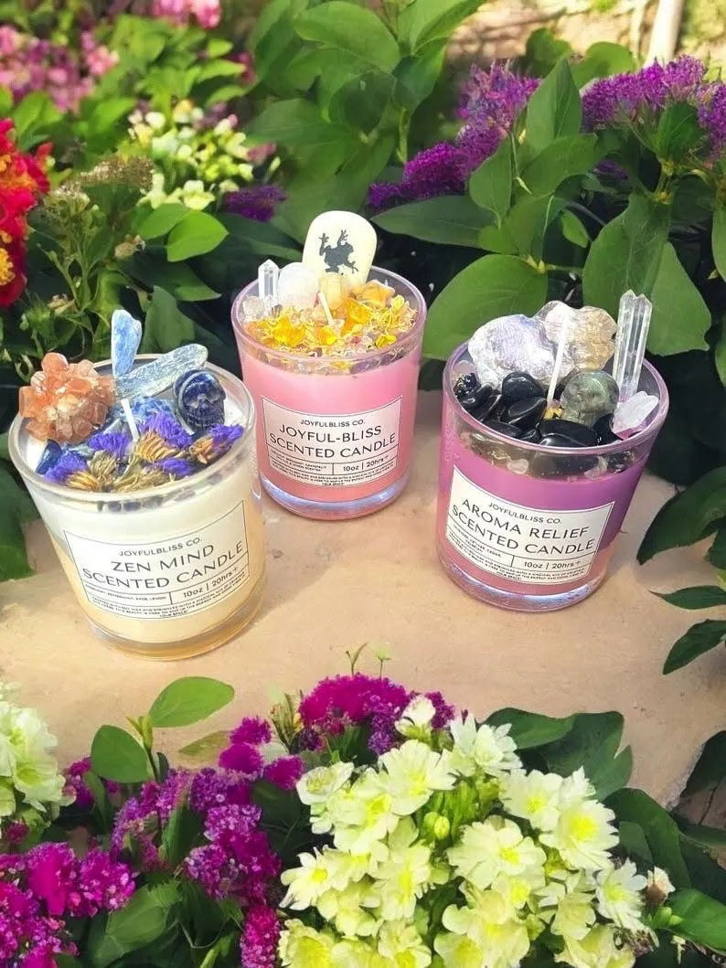 3 Scented Candle Collection Set | Zen Mind, Joyful-Bliss & Aroma Relief Crystal Botanical Candles