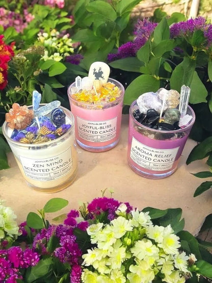 3 Scented Candle Collection Set | Zen Mind, Joyful-Bliss & Aroma Relief Crystal Botanical Candles