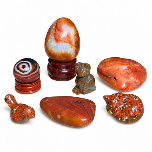 Carnelian, Red Agate & Red Jasper Crystal Collection Set – Polished Healing Stones, Carvings & Display Pieces