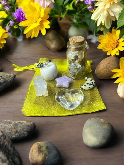 Uplifting + Positivity Mojo Bag, Crystal Charm Set for Joy, Light Energy & Emotional Uplift | Handmade Intention Kit with Herbs + Stones