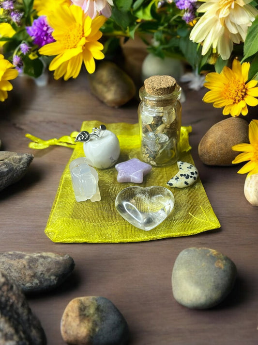 Uplifting + Positivity Mojo Bag, Crystal Charm Set for Joy, Light Energy & Emotional Uplift | Handmade Intention Kit with Herbs + Stones